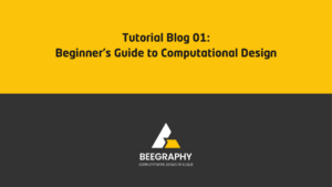 BeeGraphy online computational design blog thumbnail featuring the title 'Tutorial Blog 01: Beginner’s Guide to Computational Design on a yellow background with the BeeGraphy logo and slogan 'Computational Design on Cloud' at the bottom in a dark grey section.