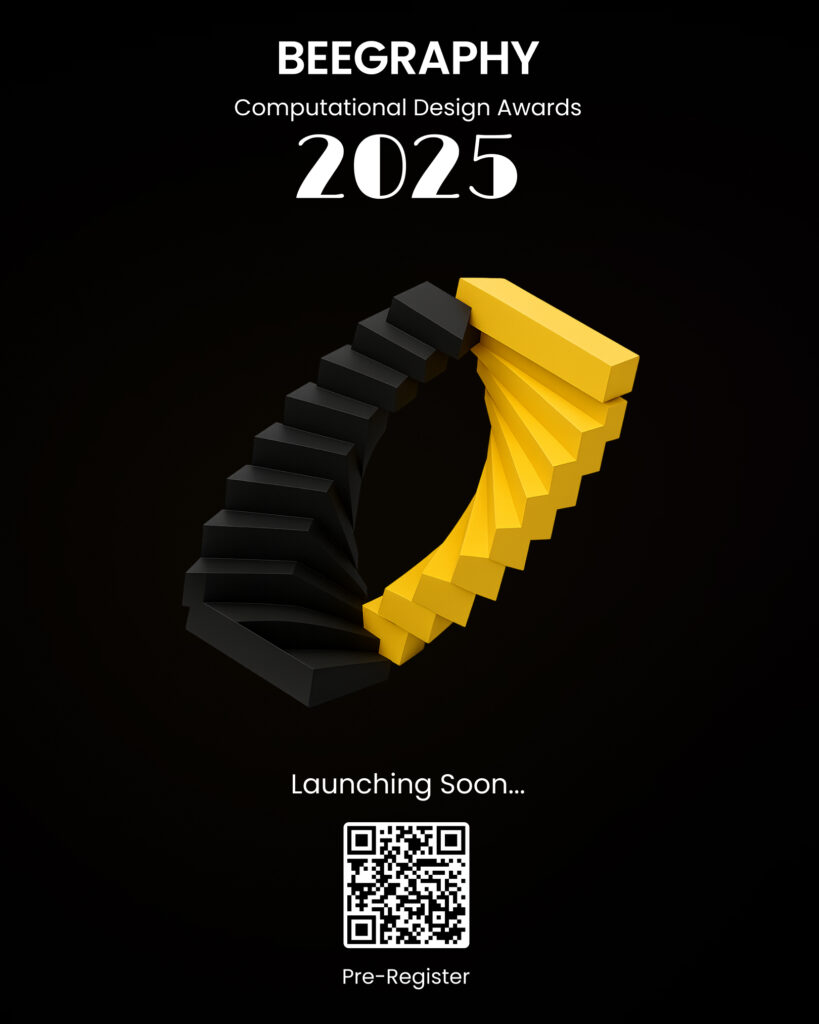 BeeGraphy Computational Design Awards 2025 poster featuring a black and yellow parametric spiral structure, with a QR code for early pre-registration. A global competition for computational design, architecture, fashion, jewelry, and fabrication.