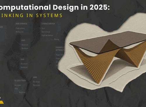 Poster titled "Computational Design in 2025: Thinking in Systems" featuring a parametric table model and visual node logic background.