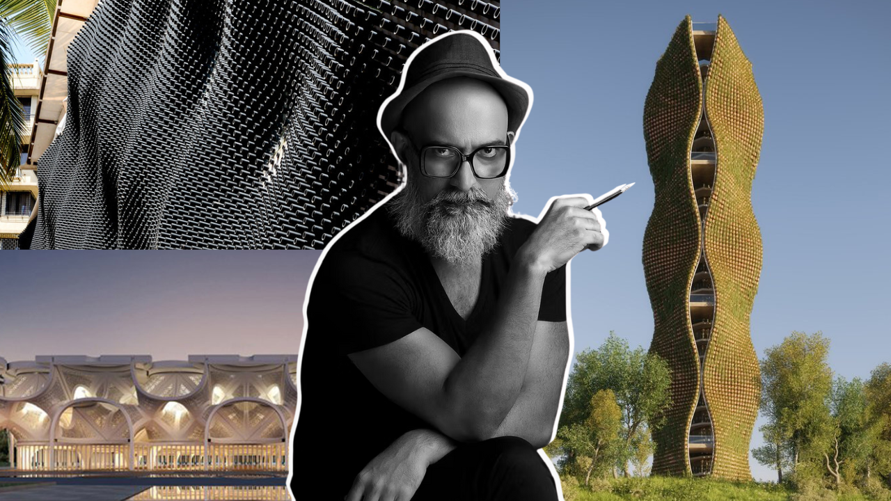 Architect Nuru Karim with parametric architecture projects by NUDES, including sustainable towers and community spaces.