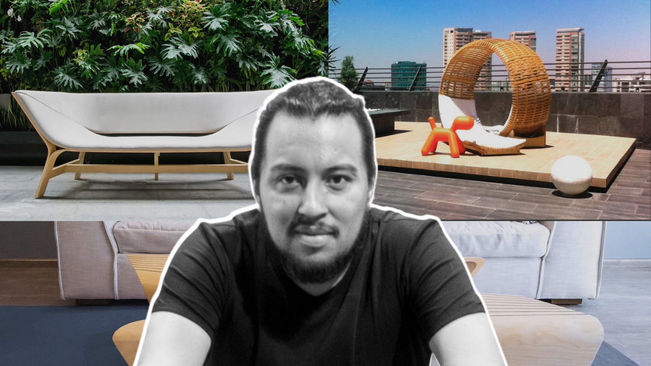Collage of Victor Alemán’s innovative furniture designs, including the Miss Eames Sofa Lounge, Loopita Lounge Chair, and Replica by LEFT.