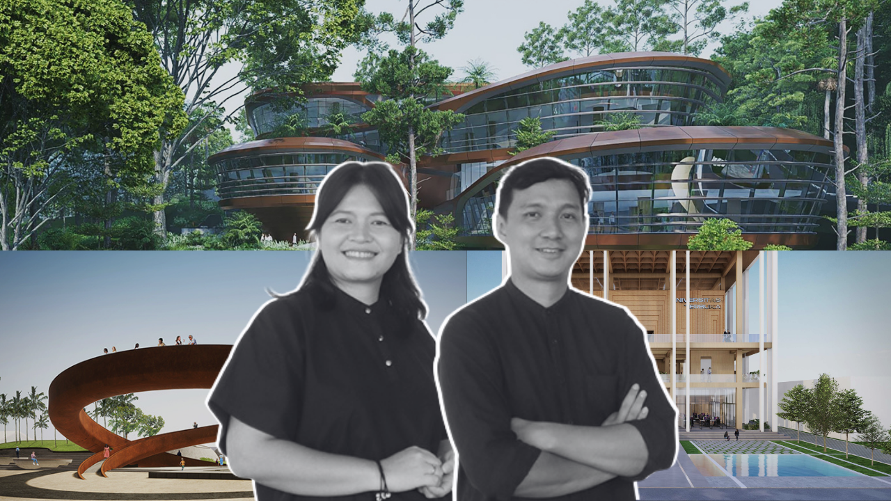 Collage of Matra Studio founders in front of their innovative, sustainable architectural projects, including a curving glass building, a spiral pavilion, and a modern institutional structure.