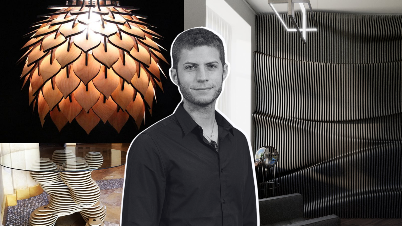 Collage of Terraform Design’s organic-inspired pendant light, a sculptural layered coffee table, and a wavy black wall panel in a modern interior, with the founder Nick O'Donnell in the foreground.