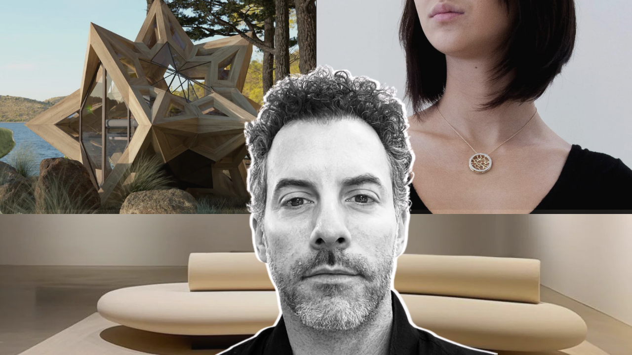 Collage showcasing John Brevard's parametric architecture, jewelry, and furniture design inspired by sacred geometry and biomimicry.
