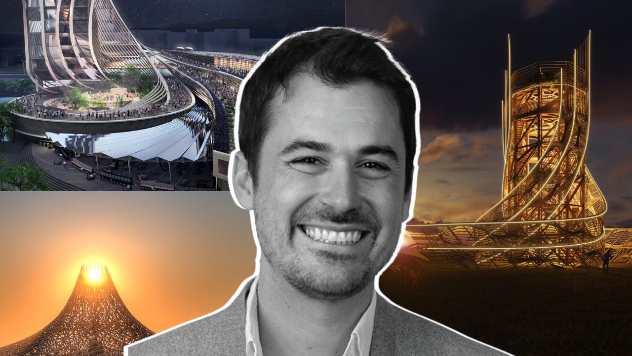 Collage of Arthur Mamou-Mani and his iconic parametric architectural projects featuring digitally fabricated, sustainable structures.