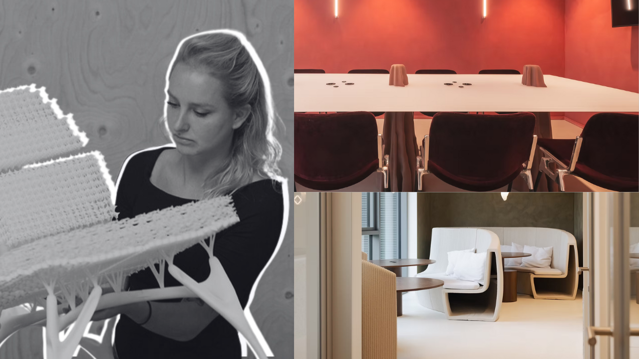 Lilian van Daal with her biomimicry-inspired 3D printed design alongside sustainable interiors blending parametric and organic forms.