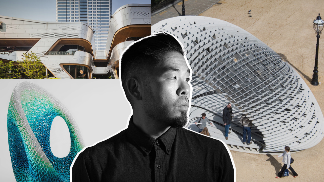 Portrait of Alvin Huang with parametric architectural works by Synthesis Design + Architecture showcasing digital fabrication and performance-driven design.