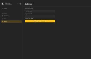 Screenshot of the BeeGraphy Admin Panel’s Settings page, showing fields for Business name and Legal name, with a highlighted yellow button labeled “Try BeeGraphy integration plan” for starting the trial.