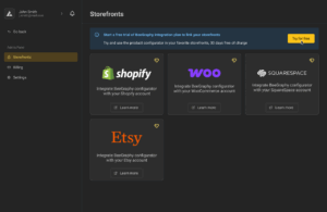 Screenshot of the BeeGraphy Storefronts page within the Admin Panel, displaying integration options for Shopify, WooCommerce, Squarespace, and Etsy, along with a highlighted “Try for free” button for starting a 30-day free trial.