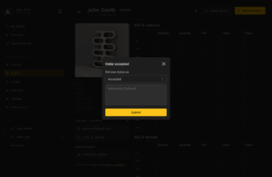 BeeGraphy interface showing an order status change to ‘Accepted’ with an optional internal note field for team communication.