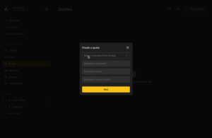 Quotation creation interface prompting the user to select a product from the catalog and enter recipient details including name, email, and phone number.