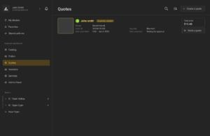 Dashboard showing an incoming quote request from a customer, including order details, total price, and options to send a quote.
