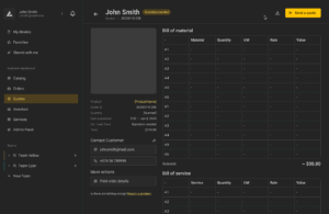 Detailed quote view showing product and service breakdown, customer contact info, and option to send an updated quote.