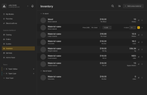Inventory dashboard showing various materials with pricing, measurement units, and stock quantities for production planning.