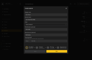 Form for creating a new material entry, including fields for name, class, part number, manufacturer, and tags, with progress steps for setup.