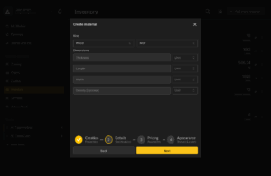 Form interface for entering material specifications including kind, thickness, length, width, and optional density, with unit selection fields.
