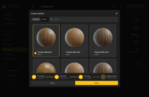 BeeGraphy material creation panel with texture library, measurement inputs, and finish options.
