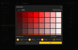 BeeGraphy material editor with finish types, glossiness settings, and texture/color customization.