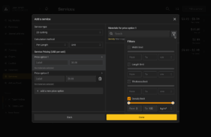 BeeGraphy service creation tool with calculation methods, price options, and material filters (thickness/density limits).