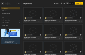 Screenshot of the BeeGraphy “My Models” dashboard showing a sidebar banner in the bottom-left corner. The banner reads “Create a business – Try BeeGraphy product configurator for free,” offering users a quick entry point to start a business account.