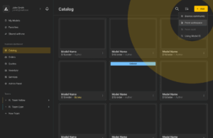 Screenshot of BeeGraphy’s Business Dashboard Catalogue tab, showing model listings and a highlighted “+ Add” button with a dropdown menu offering options: Browse community, From workspace, From vault (disabled), and Using Model ID.