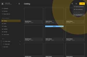Screenshot of BeeGraphy’s Business Dashboard Catalogue tab showing multiple model cards, including one labelled “Delisted” and another as “By you.” The “+ Add” button dropdown menu is open with options: Browse community, From workspace, From vault (disabled), and Using Model ID.