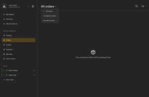 Screenshot of BeeGraphy’s Business Dashboard with the Orders tab selected. The main screen displays an empty state message: “Once you receive orders, they’ll be displayed here.” A dropdown menu at the top allows filtering orders by All orders, Completed orders, or Cancelled orders.