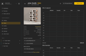 Screenshot of an order details page in BeeGraphy’s Business Dashboard. The left side displays a model image, order ID, submission time, estimated lead time, customer contact info, and total price. The right side shows a Bill of Materials and Bill of Services table, both currently empty.