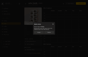 BeeGraphy Business Dashboard showing an order status update popup with options to accept or decline, notifying the customer automatically.