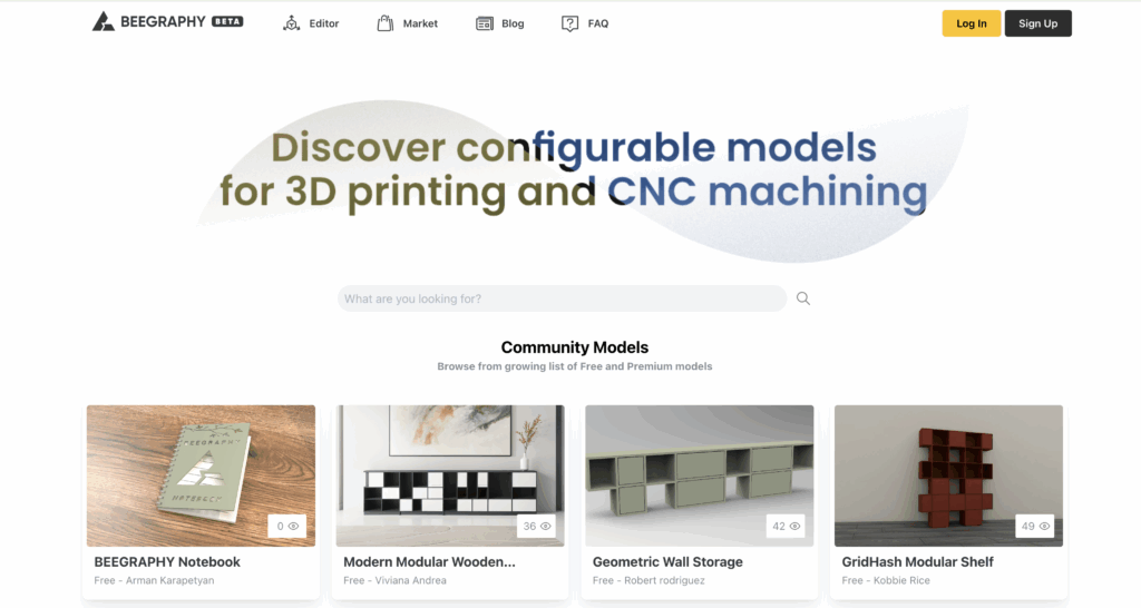 BeeGraphy homepage featuring a product configurator and marketplace with configurable 3D models for CNC machining and 3D printing.