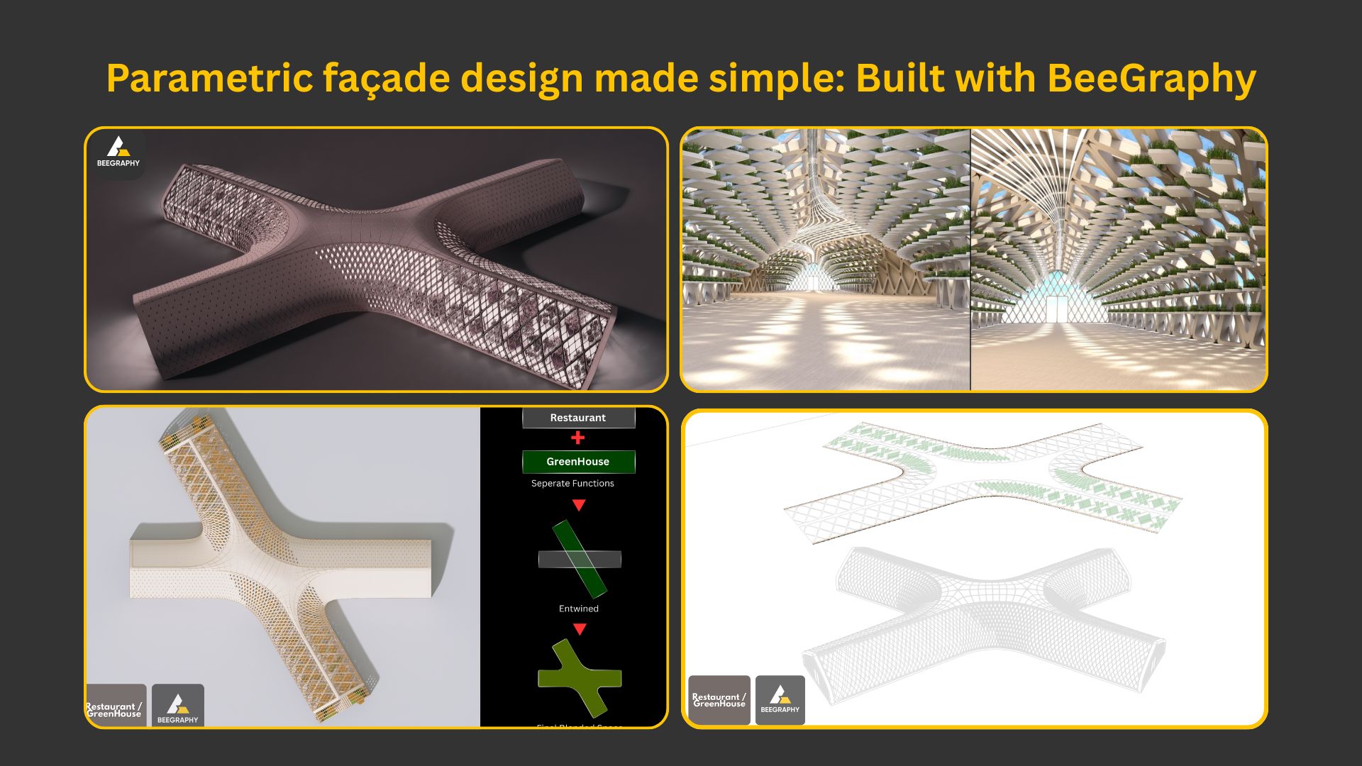 Infographic showing the design evolution of a parametric restaurant/greenhouse façade created using BeeGraphy. The layout includes 3D renderings, interior views, a design logic diagram, and a wireframe model developed by Amir Ahmed.