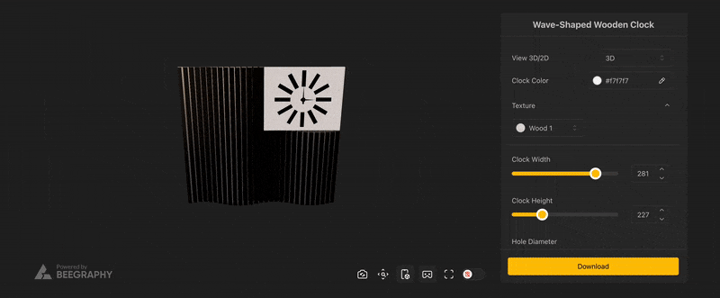 Demo of BeeGraphy’s parametric configurator adjusting a wave-shaped wooden clock design using sliders for dimensions and features.
