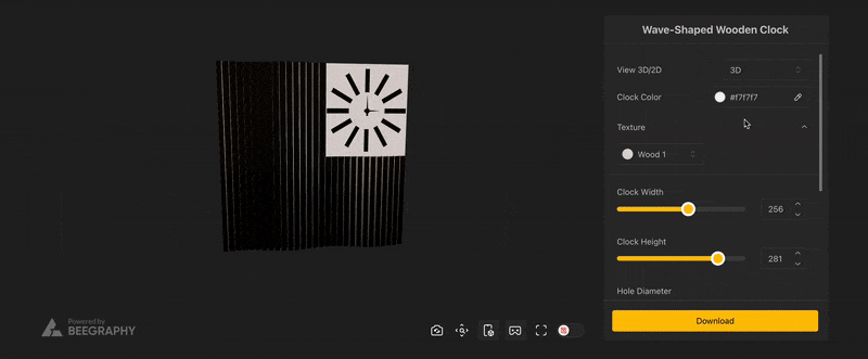 preview of a wave-shaped wooden clock design being adjusted in BeeGraphy’s 3D configurator, showing real-time visual updates for size, color, and texture.