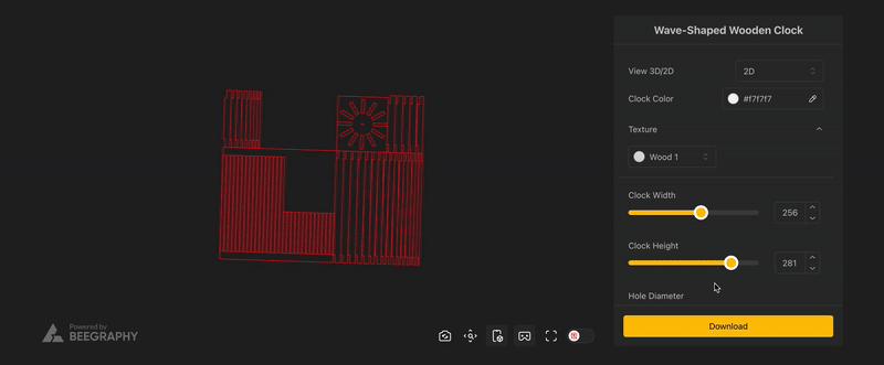 Animated view of a 2D layout in BeeGraphy showing red vector paths for a wave-shaped clock, with live parameter adjustments and a DXF export button.