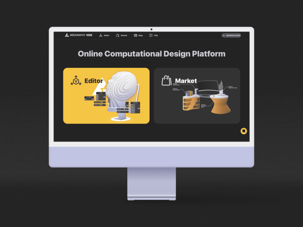 Beegraphy’s online platform interface displaying the Editor and Market sections for computational design.