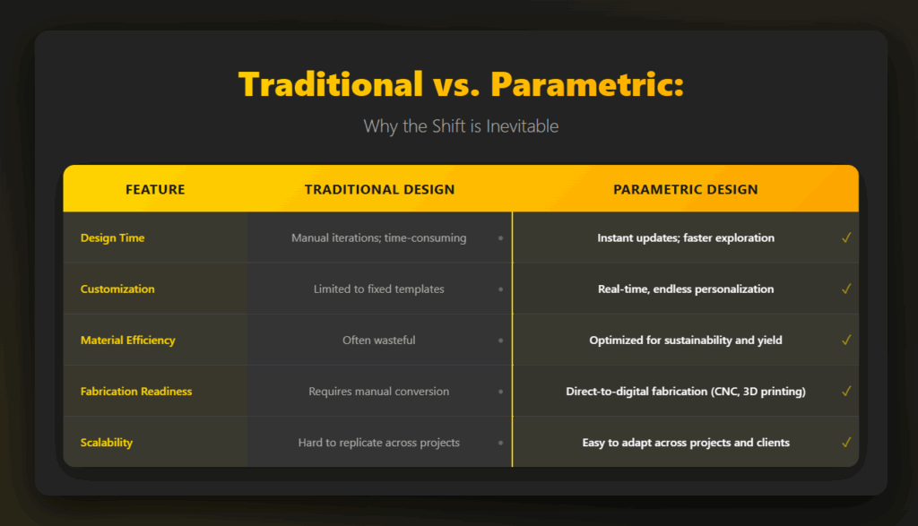 Comparison table showing advantages of Parametric Design over Traditional Design across five features: design time, customization, material efficiency, fabrication readiness, and scalability. Parametric Design is faster, more flexible, efficient, and scalable.