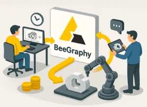 3D visual of a streamlined design-to-production workflow, symbolizing BeeGraphy’s fast and scalable product pipeline