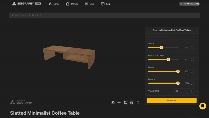 BeeGraphy interface showing a customizable 3D model of a slatted minimalist coffee table with adjustable dimensions and download options in multiple file formats like STL, DXF, and OBJ.