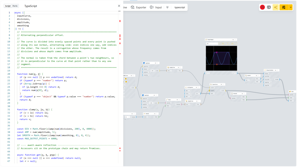 AI parametric design session turning plain English into a reaction diffusion TypeScript node