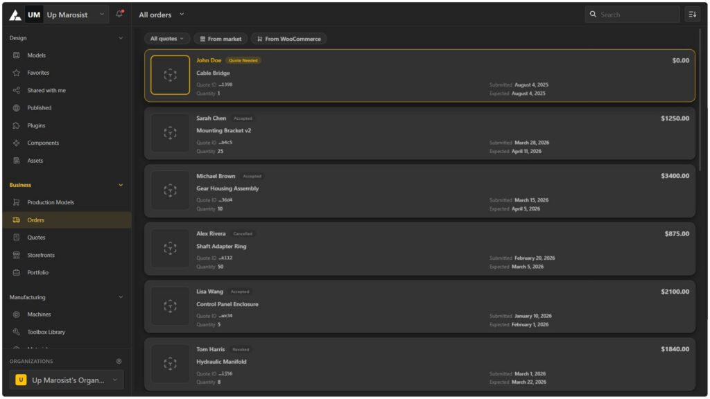 BeeGraphy dashboard providing a centralized workspace to access design models, sell configurable products, and manage orders, quotes, and production workflows.