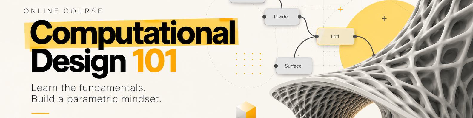 BeeGraphy Computational Design 101 online course banner featuring parametric architectural design and visual programming nodes.