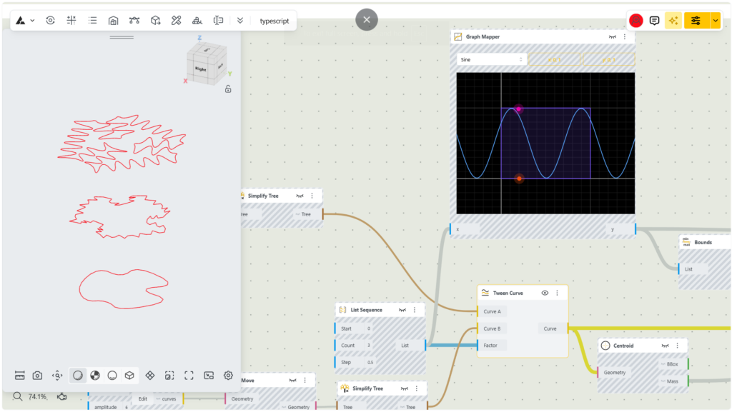 BeeGraphy node graph turning reaction diffusion curves into a lofted lamp product