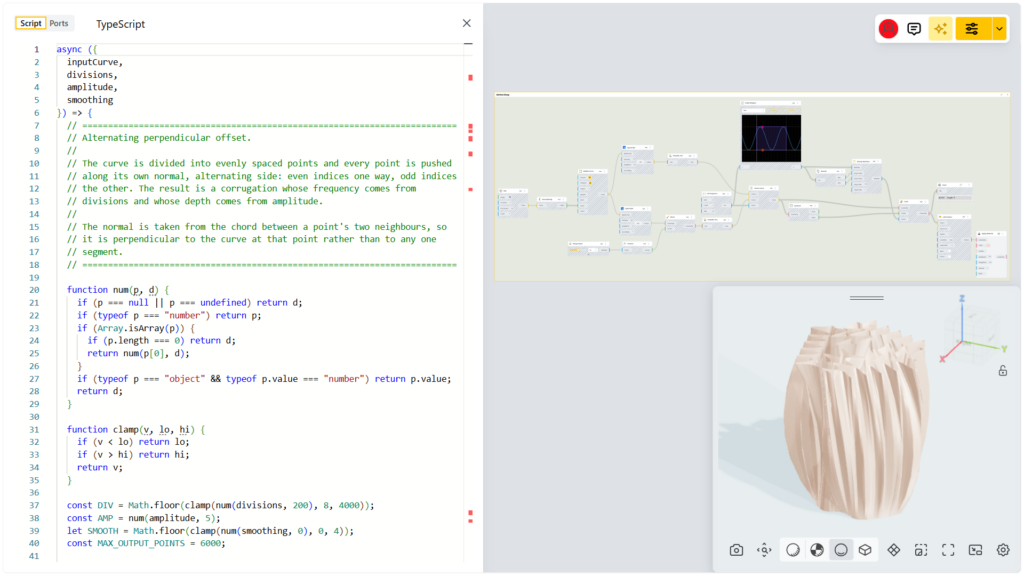 AI parametric design in BeeGraphy: the TypeScript node editor, the node graph, and the ribbed lamp shade it produces