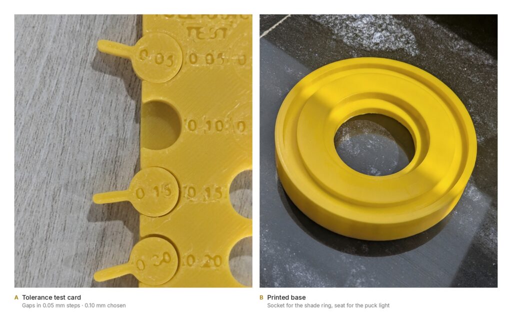 3D printing tolerance test card with 0.05 mm gap steps, and the printed lamp base with its socket and light seat