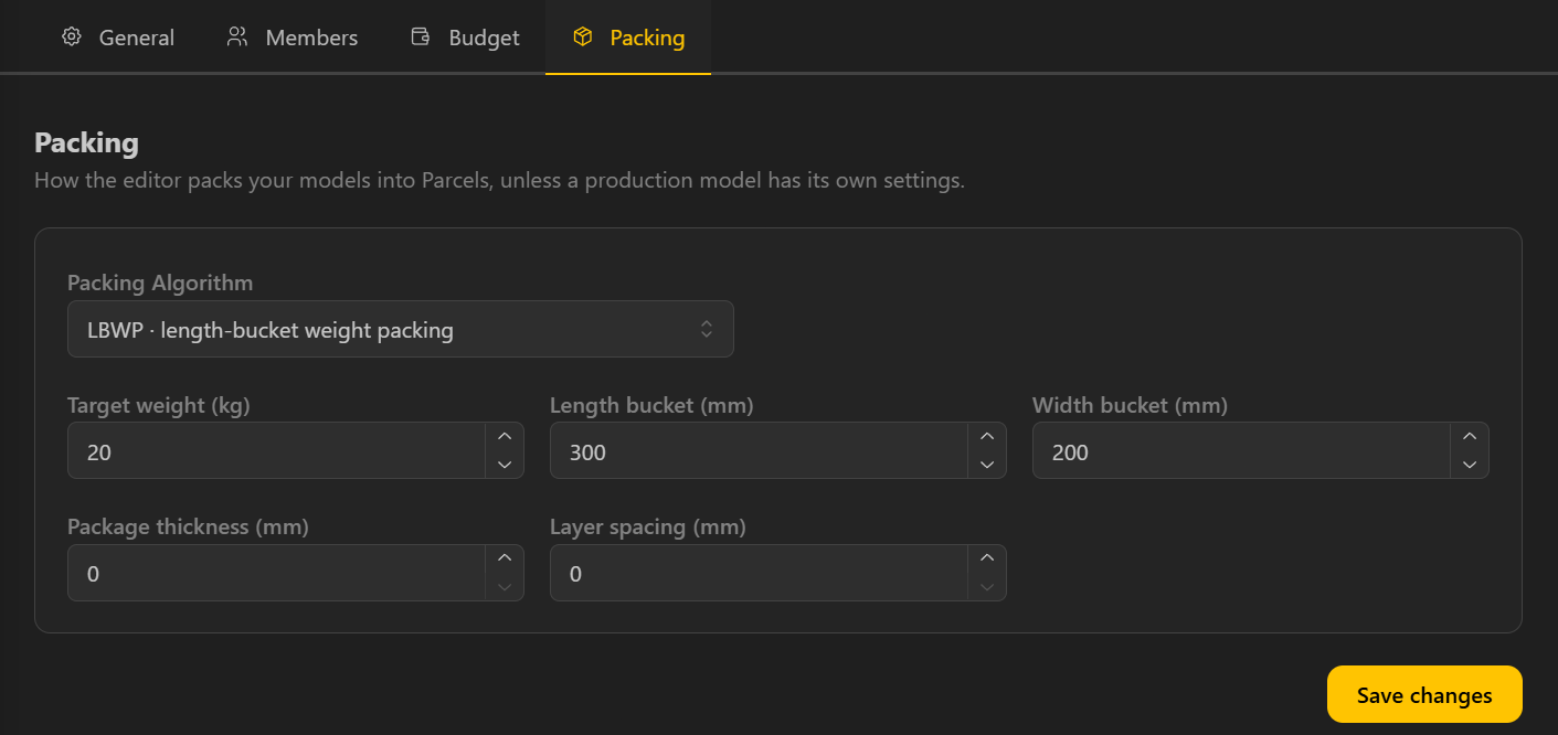 BeeGraphy organization Packing settings