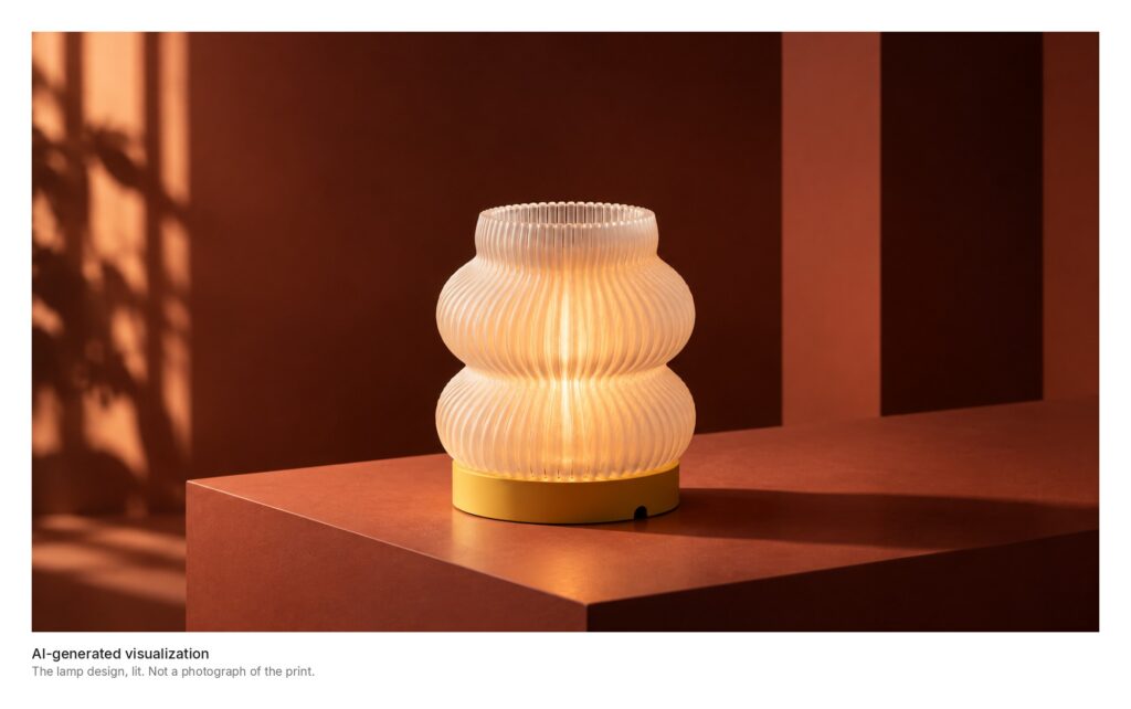 AI-generated visualization of the customizable 3D printed lamp design, lit