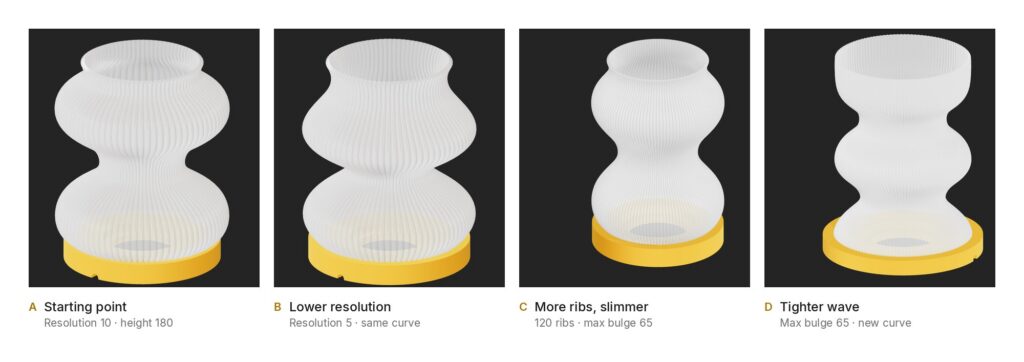 Four configurations of the customizable 3D printed lamp from the BeeGraphy configurator, labeled A to D