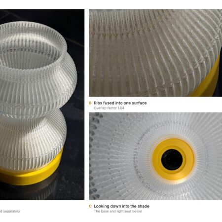 Customizable 3D printed lamp in PLA: assembled view, close-up of the fused ribs, and a view down into the shade