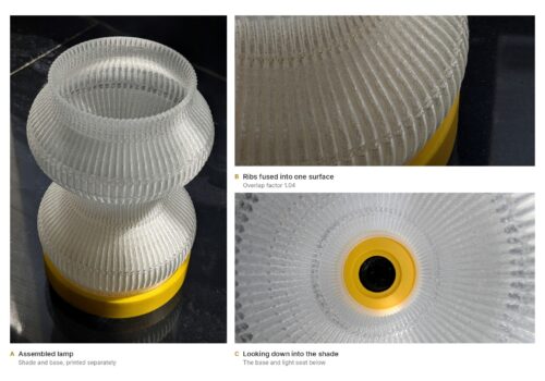 Customizable 3D printed lamp in PLA: assembled view, close-up of the fused ribs, and a view down into the shade