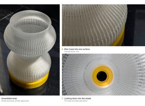 Customizable 3D printed lamp in PLA: assembled view, close-up of the fused ribs, and a view down into the shade